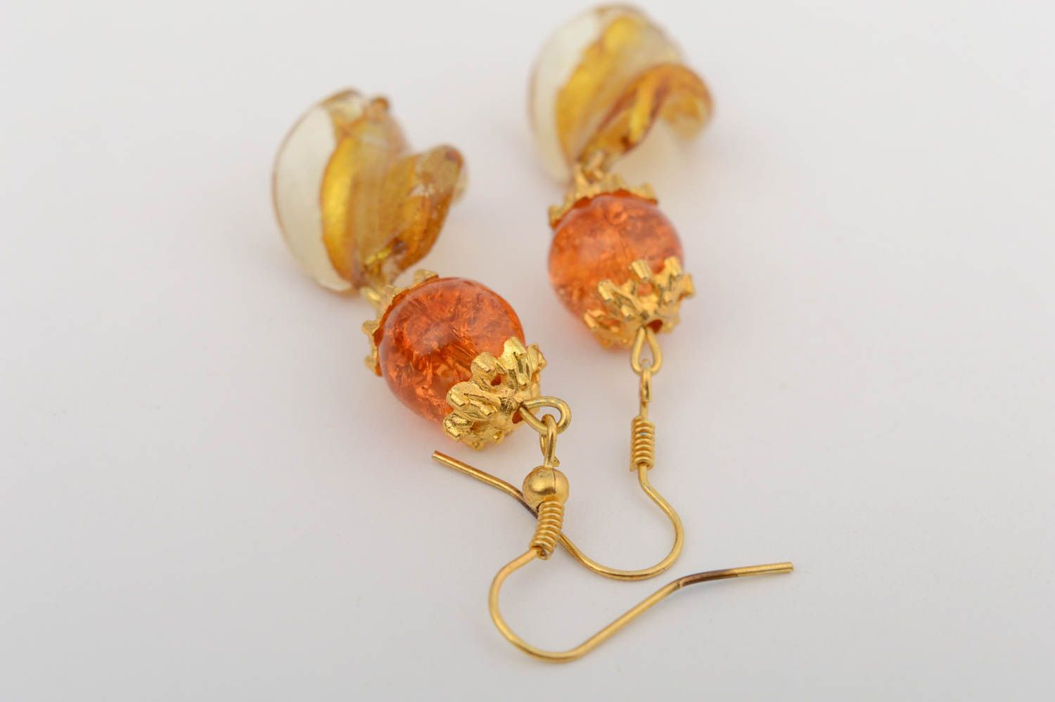 Boucles d'oreilles en verre de Venise pendantes faites main orange élégantes photo 3