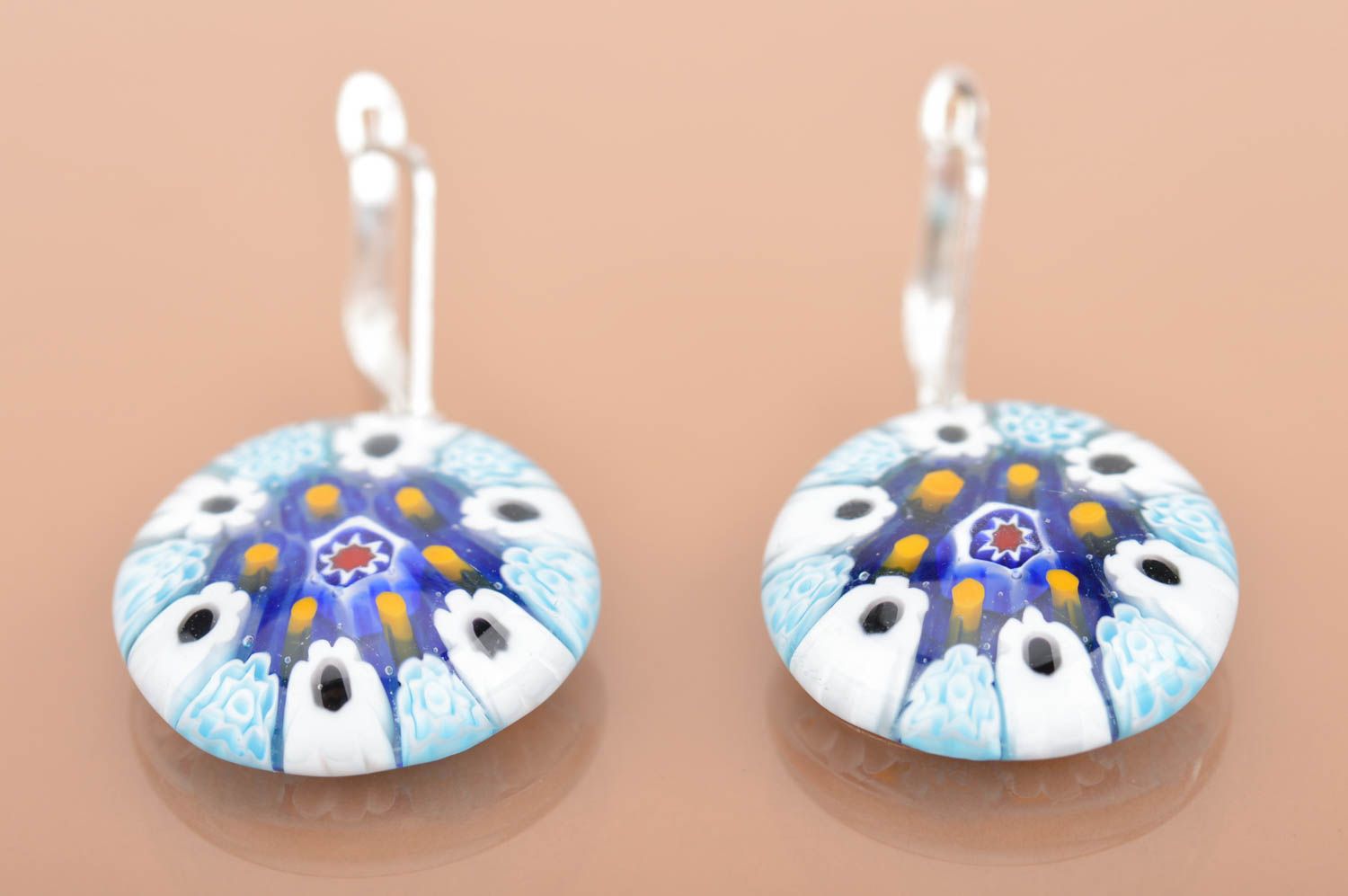 Handmade murano glass round dangle earrings blue with yellow dots photo 5