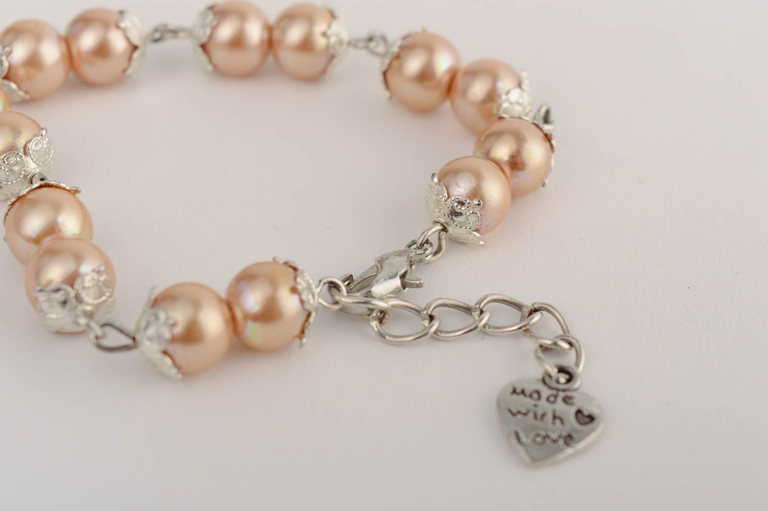 Beige ceramic pearls bracelet on a chain delicate handmade evening accessory photo 3