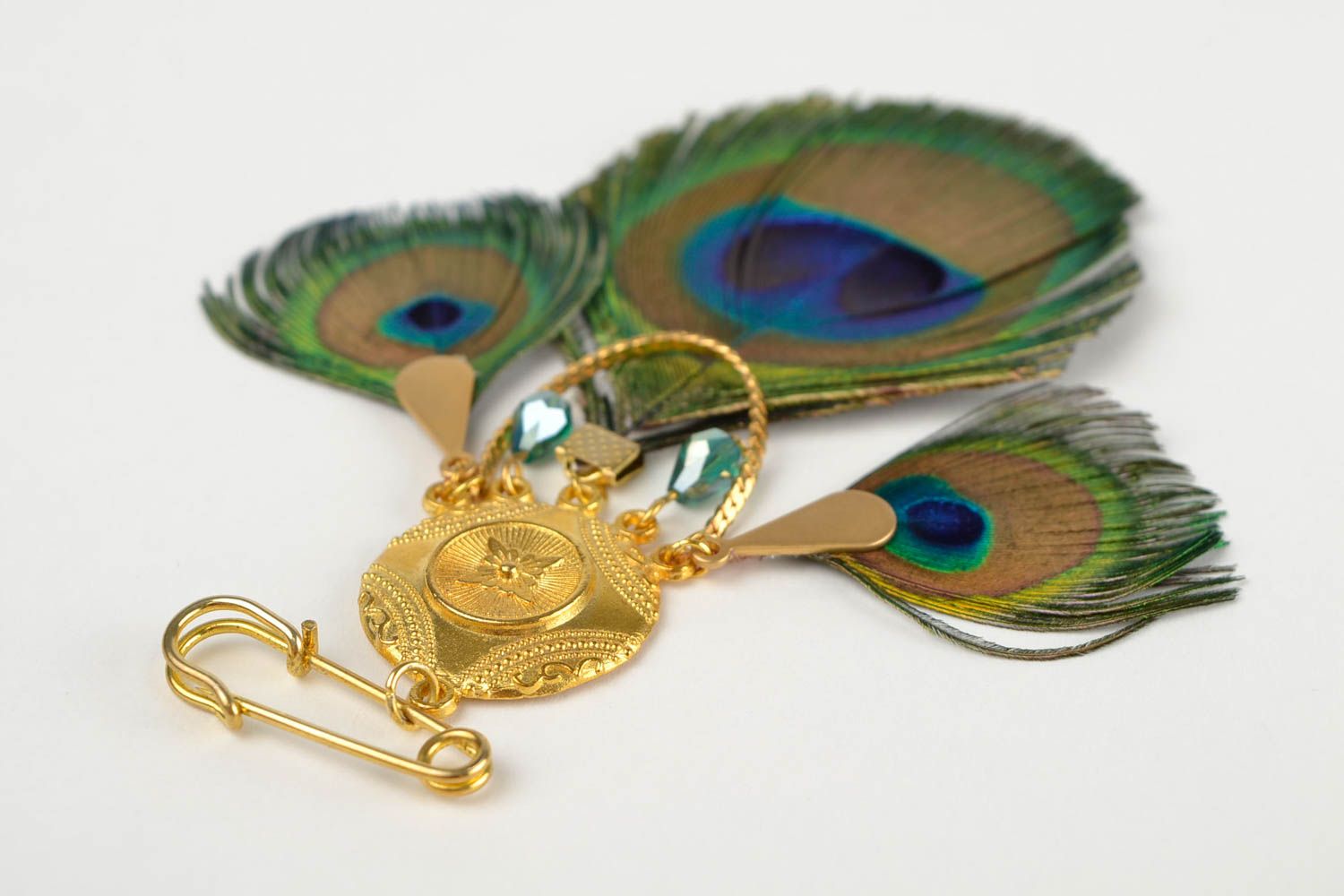 Handmade peacock feather brooch designer unique bijouterie present for woman photo 5