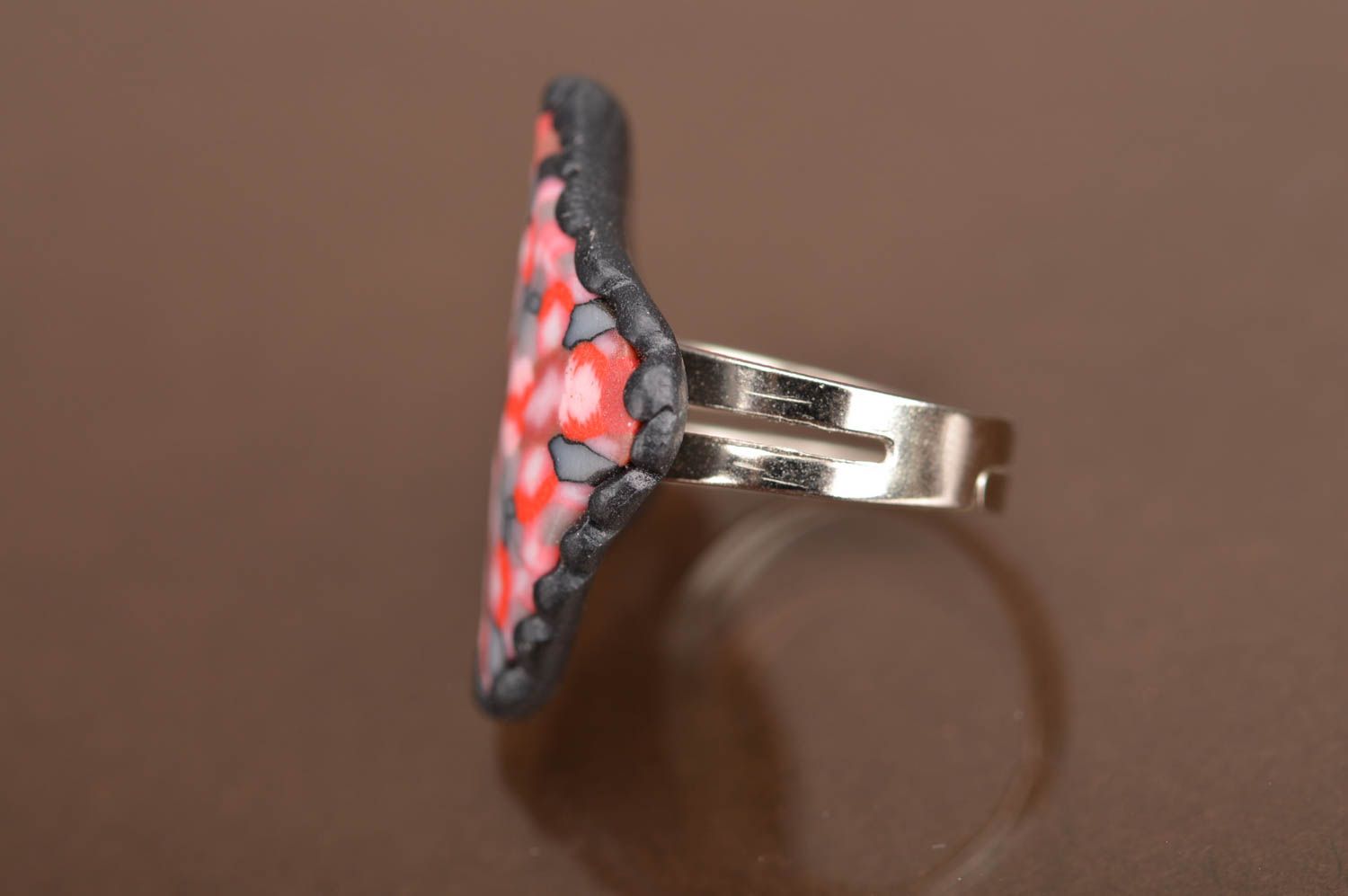Handmade unusual pink ring made of polymer clay with sectional fittings photo 3