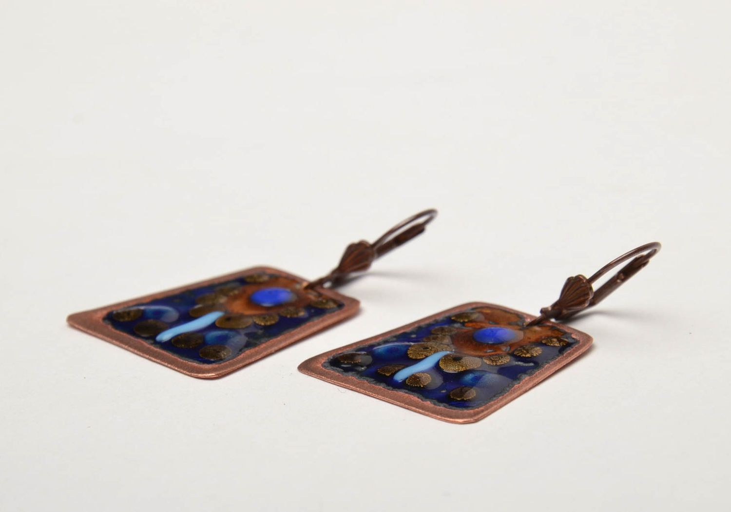 Enamel painted copper earrings of unusual shape photo 4