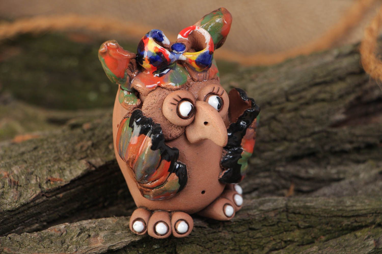 Figurine hibou en terre cuite décorative peinte originale faite main pour enfant photo 1