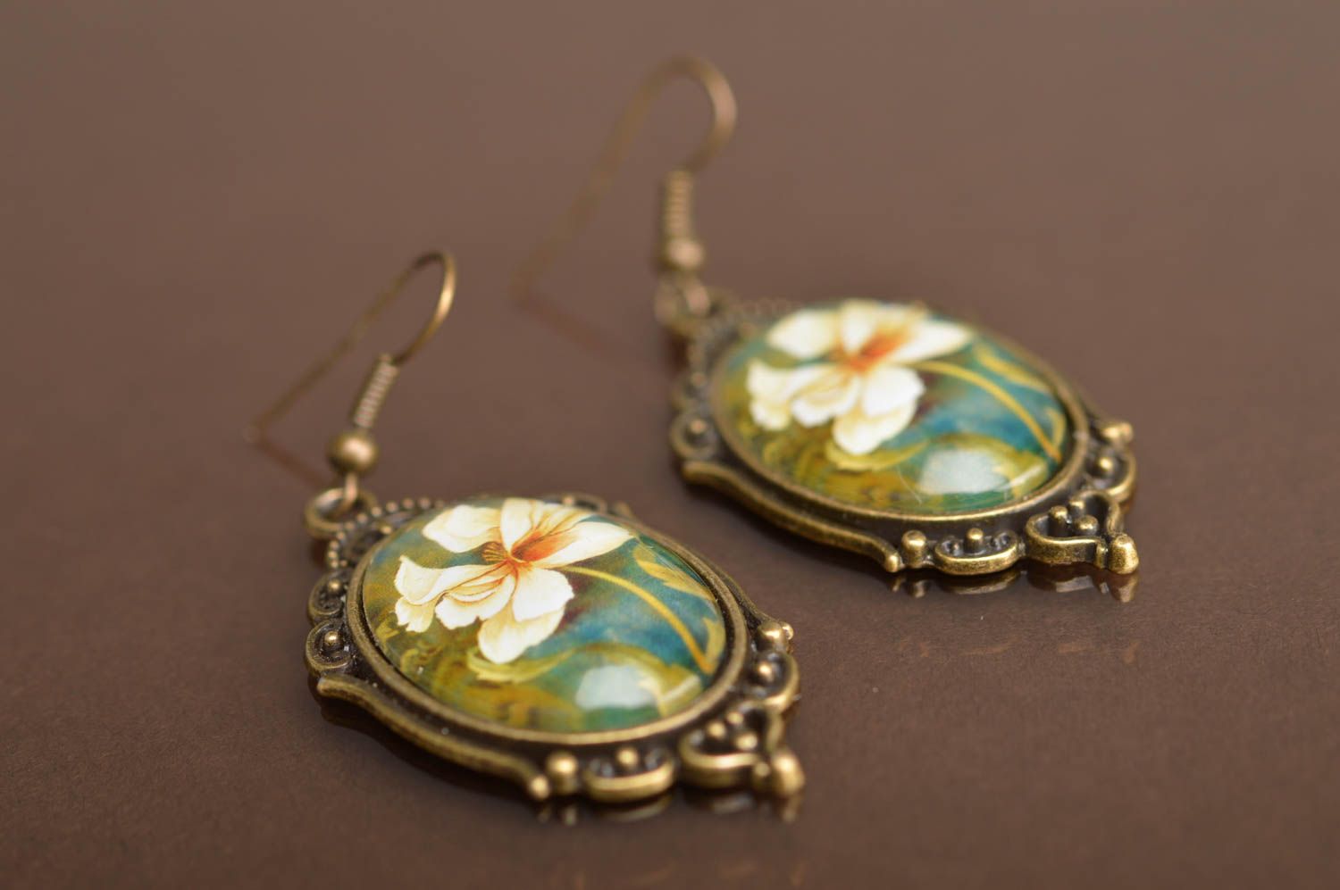 Oval metal designer cute handmade earrings in vintage style with cabochon photo 2