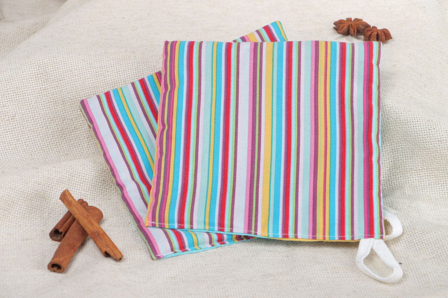 Set of two square pot holders sewn of colorful striped cotton fabric for kitchen photo 1