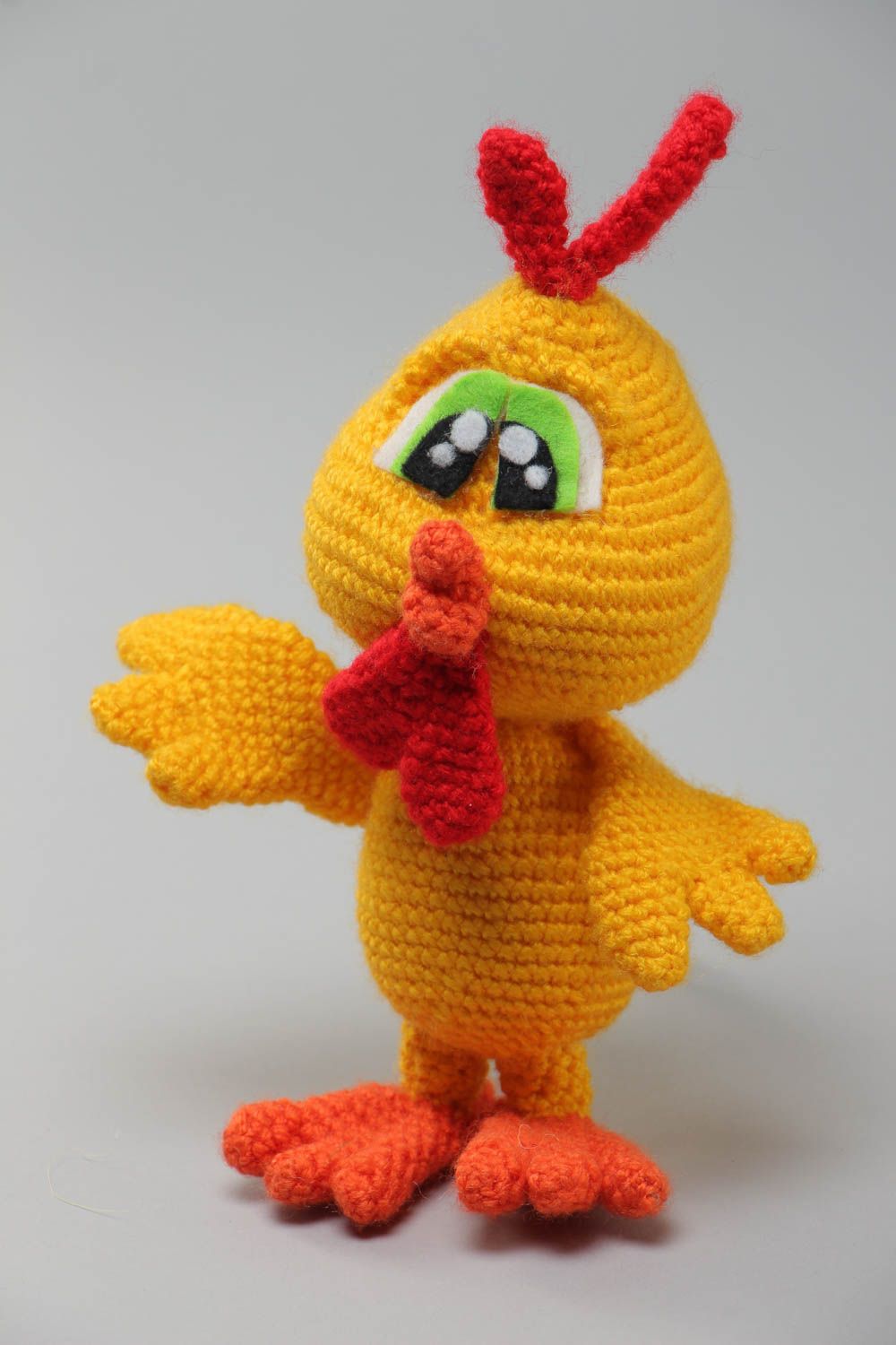 Handmade soft toy crocheted of acrylic threads in the shape of yellow chicken photo 2