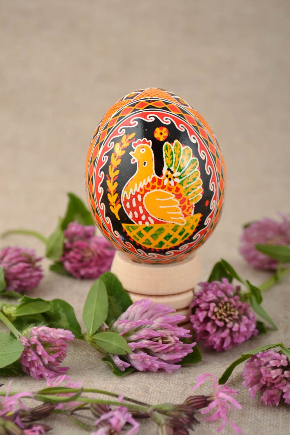 Beautiful homemade painted Easter egg with chicken drawing photo 1