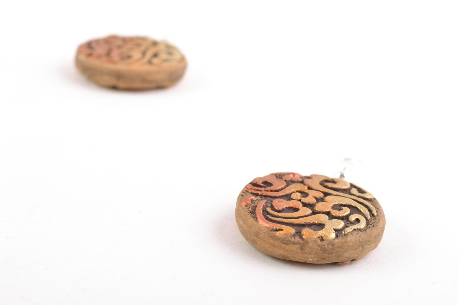Handmade ethnic round ceramic dangling earrings with relief ornament for women photo 3