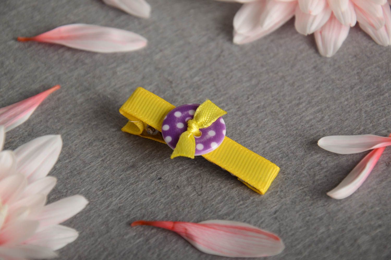 Yellow handmade designer children's soft textile hair clip with button photo 1