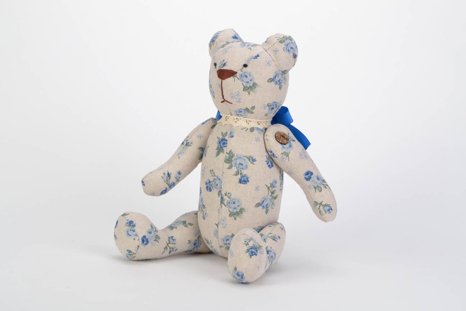 Handmade fabric soft toy bear with flower pattern for home decor photo 3