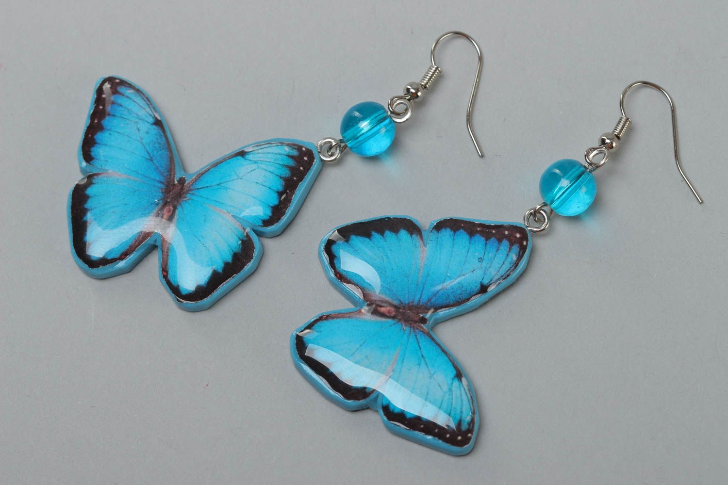 Unusual bright blue handmade polymer clay earrings in the shape of butterflies for summer photo 2