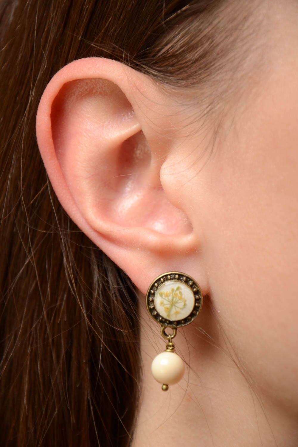 Handmade round epoxy resin earrings with beads on the basis of the brass photo 2