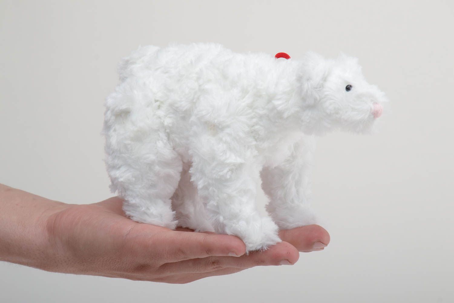Handmade small white faux fur soft toy Polar bear with red bow for children photo 5