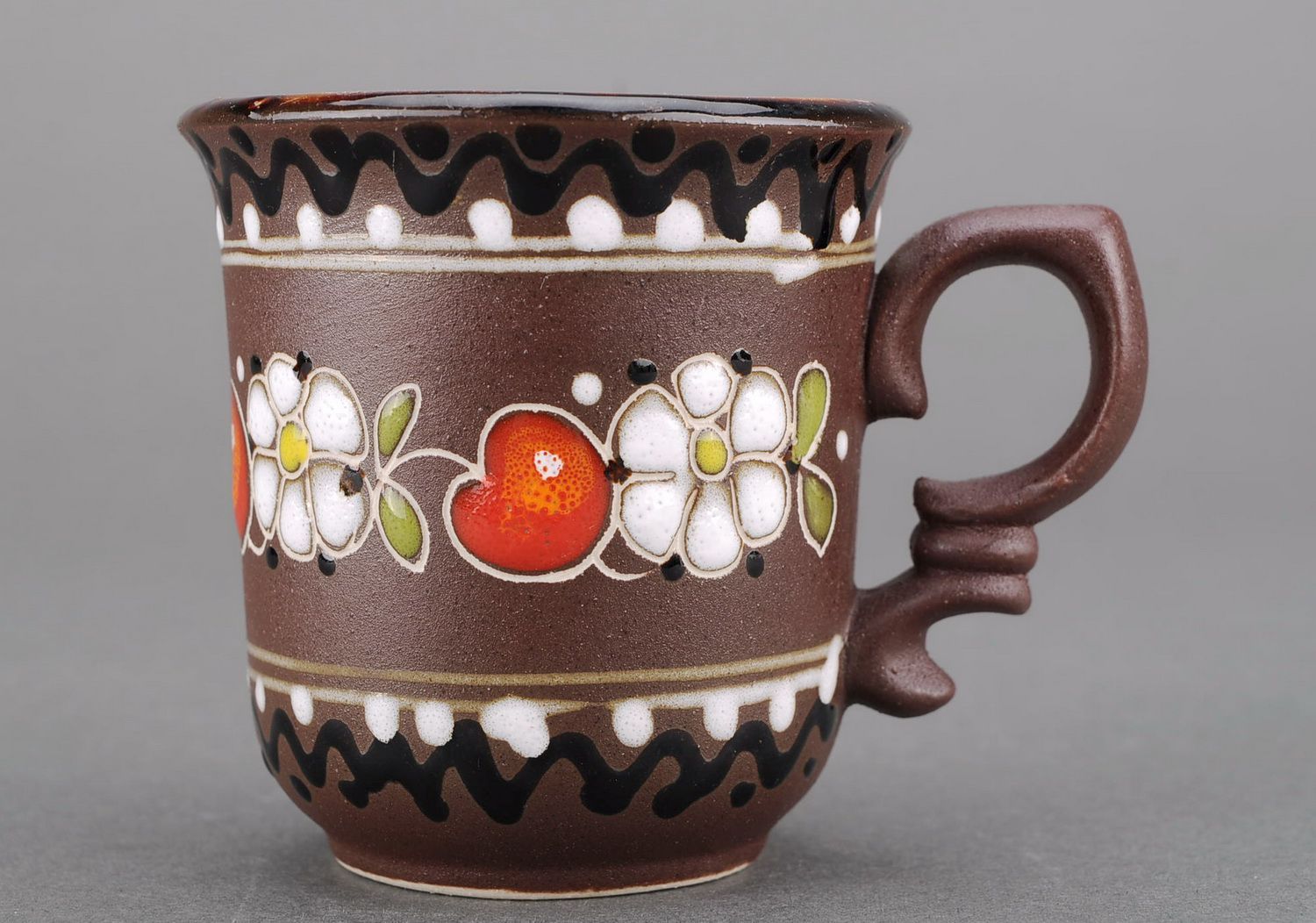 Clay lead-free glazed hand-painted teacup in brown, white, and red color with handle photo 2