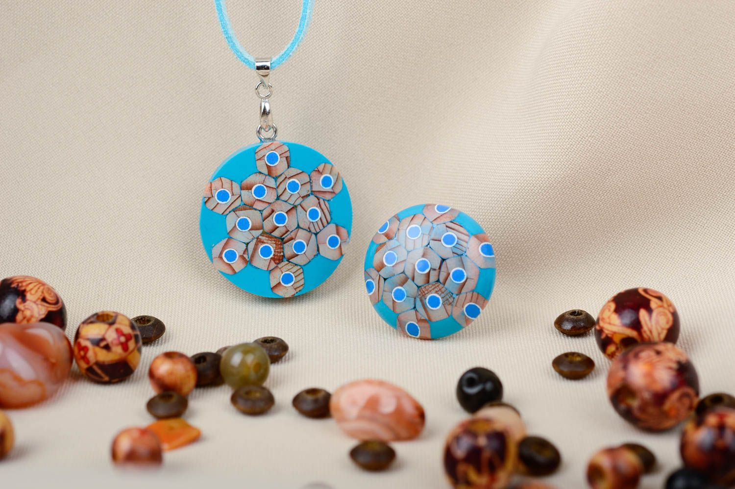 Blue unusual jewelry set handmade designer accessories feminine pendant and ring photo 1
