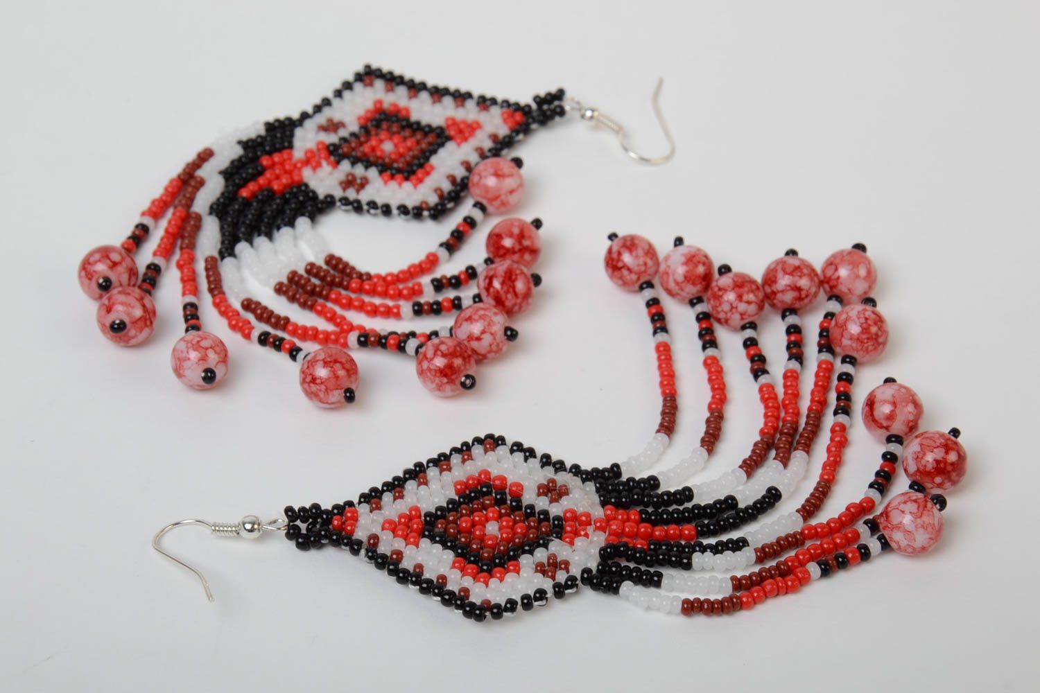 Ethnic handmade designer long earrings with fringe woven of Czech beads photo 5