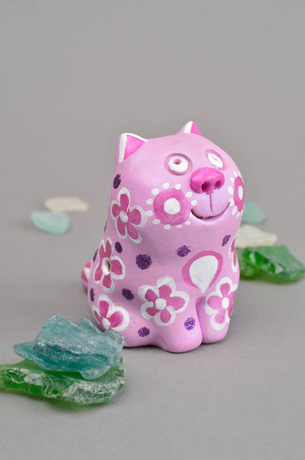 Sifflet en terre cuite fait main Sifflet original chat rose Cadeau pour enfant photo 1