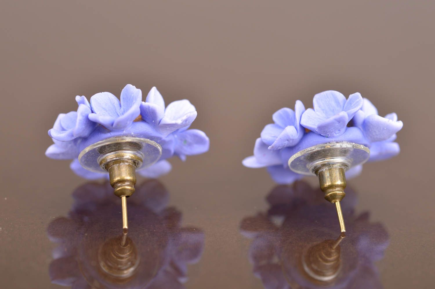 Blue beautiful handmade stud earrings made of polymer clay in shape of flowers photo 4