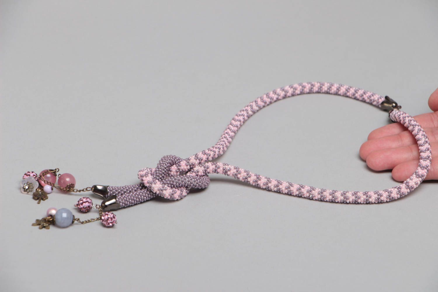 Handmade designer gray and pink beaded cord necklace with charms for women photo 5