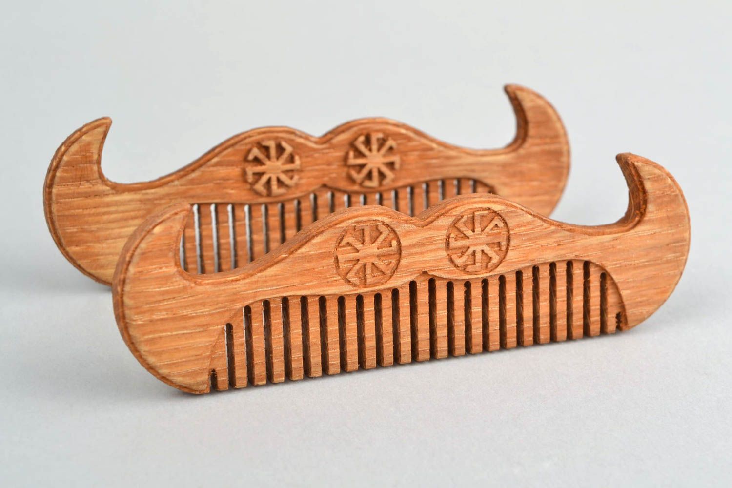 Handmade natural oak wood mustache and beard comb carved with Slavic symbols photo 1