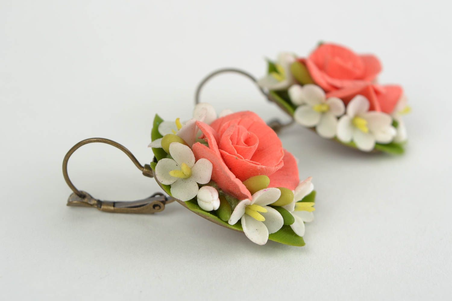 Unusual beautiful handmade cold porcelain flower earrings photo 1