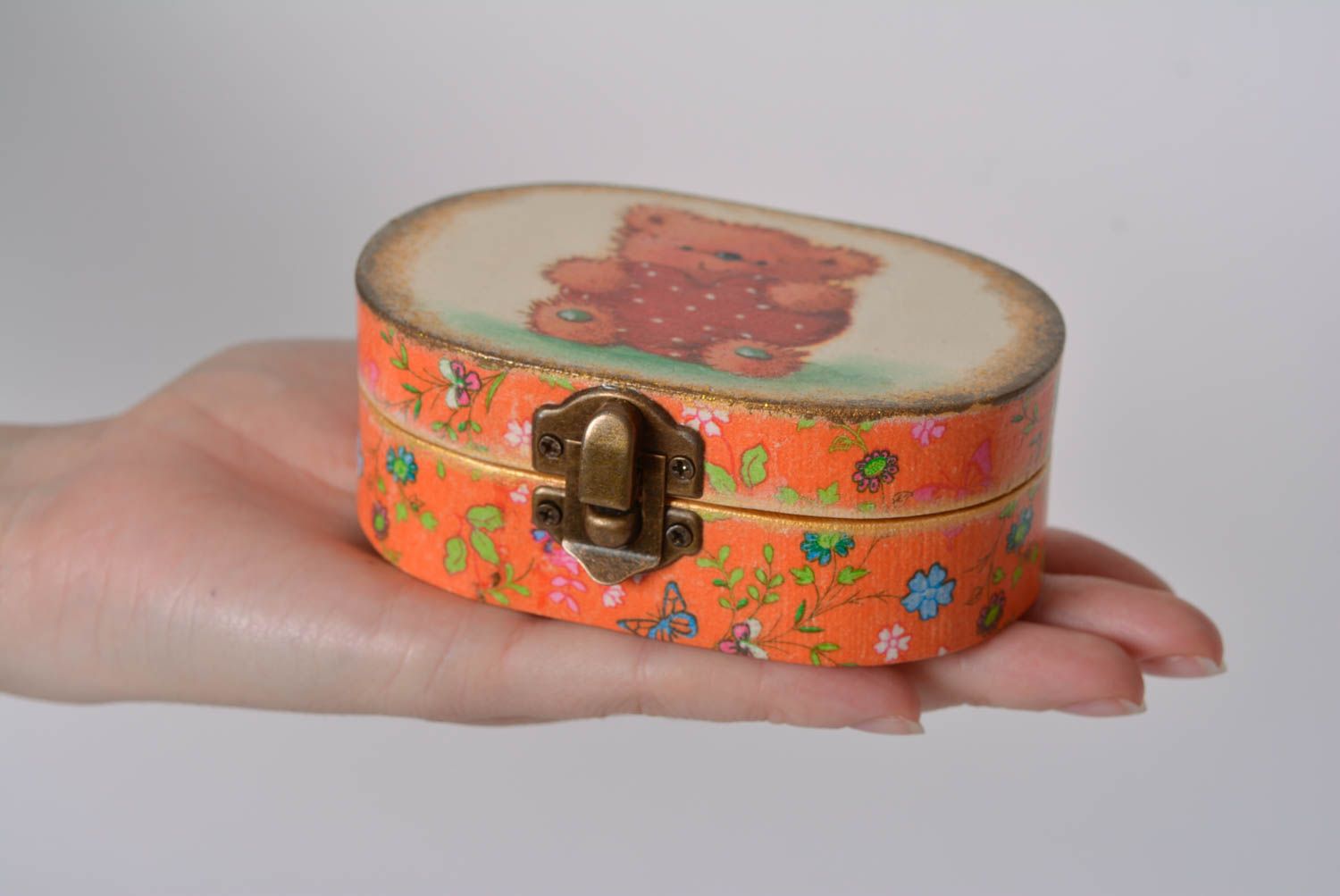 Beautiful handmade designer decoupage wooden jewelry box with bear image photo 2