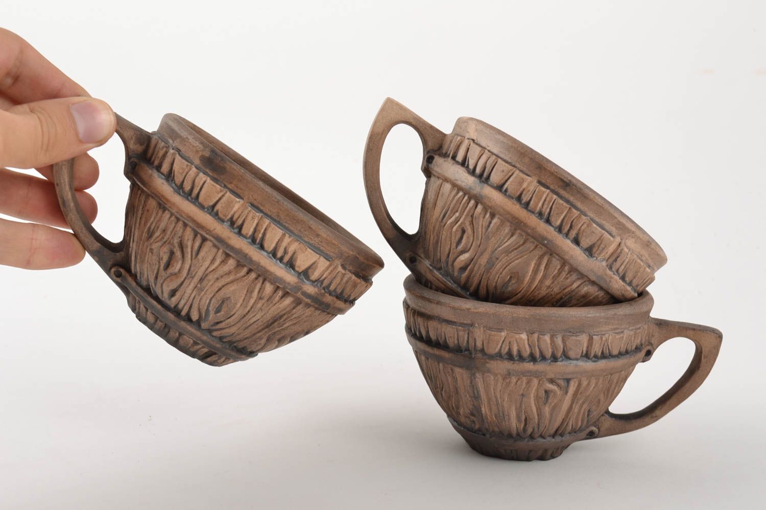 Set of three ceramic tea cups molded of white clay 11 oz each photo 5