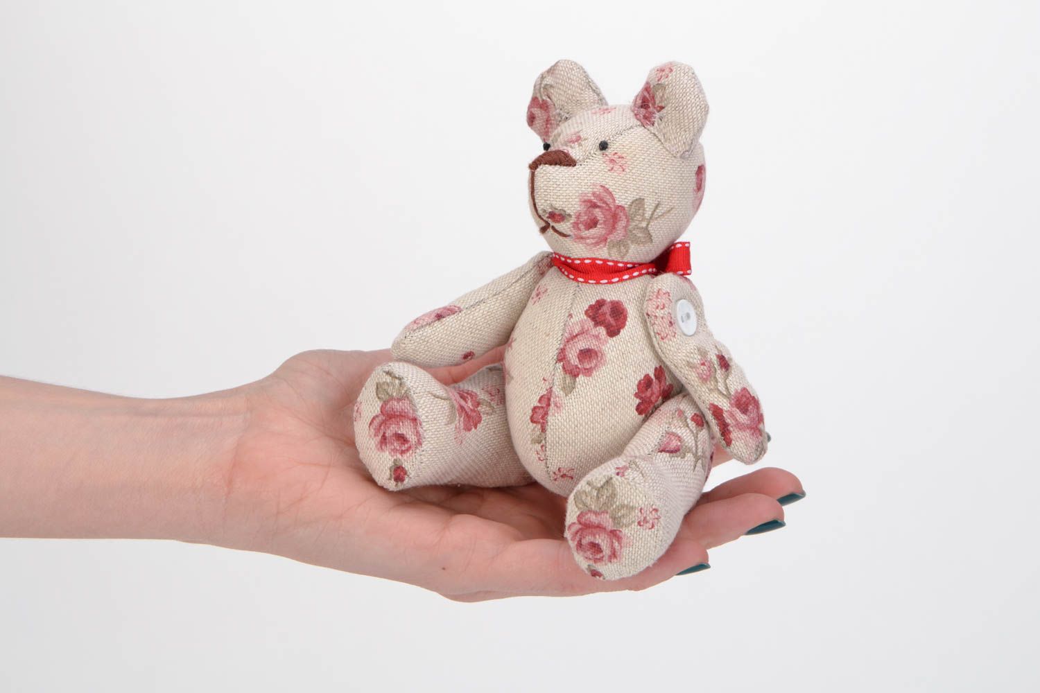 Handmade light fabric soft toy bear with flower print photo 2