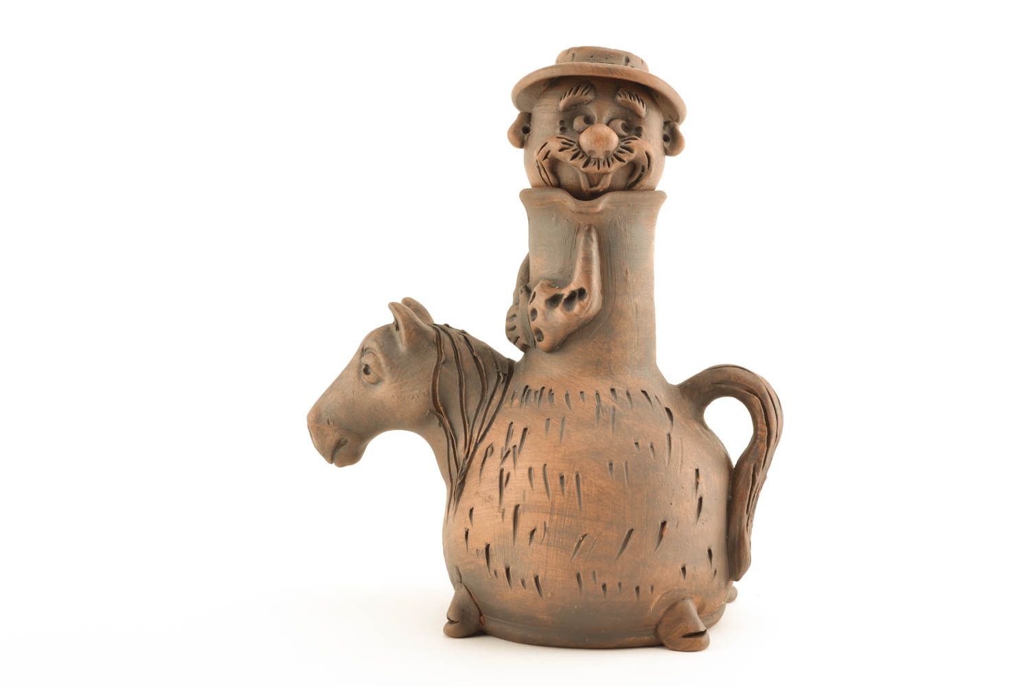 10 oz ceramic wine carafe pitcher Man on Horse handmade pottery 1,5 lb photo 1