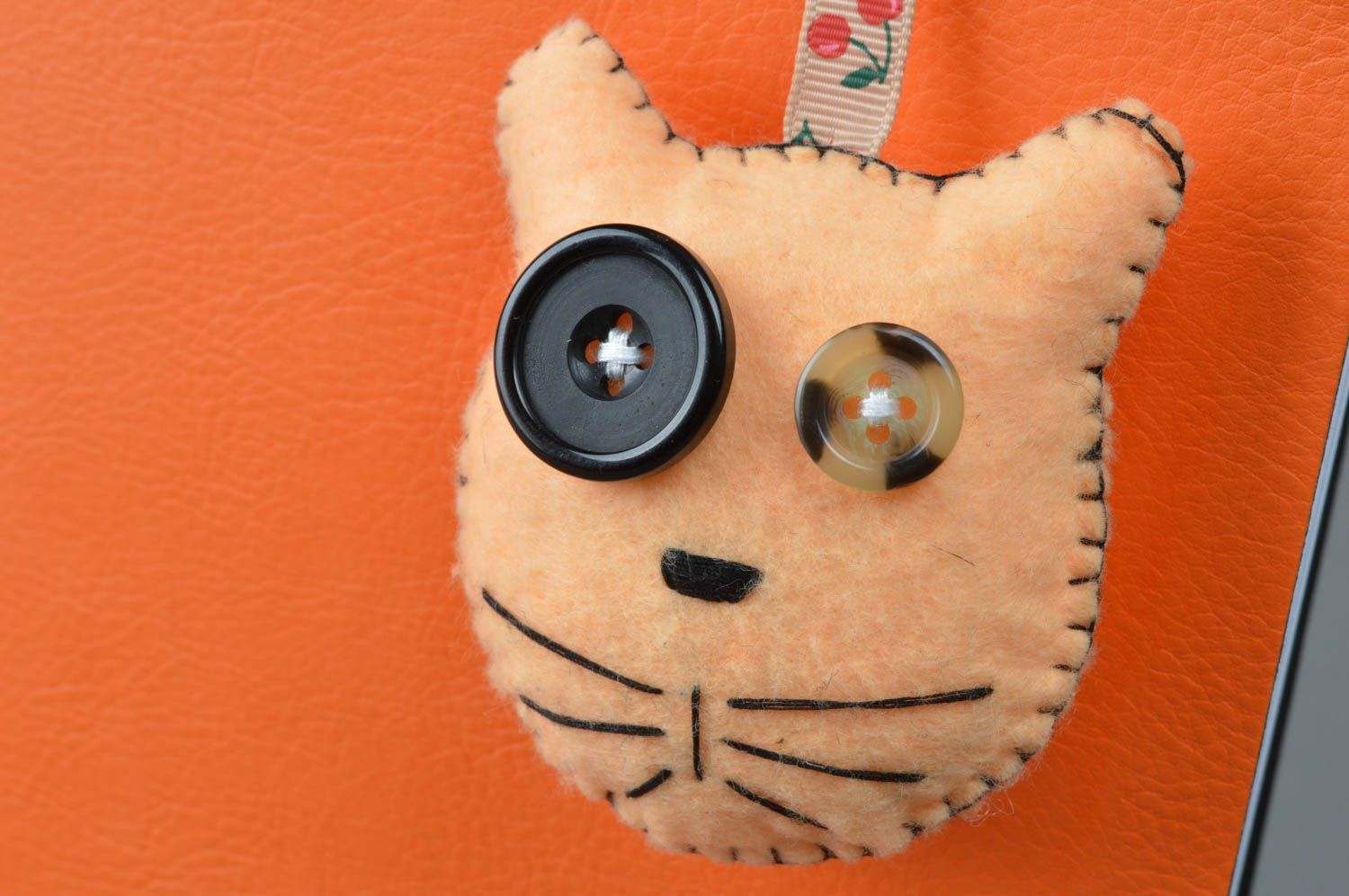 Beautiful designer handmade fabric soft bookmark toy cat of peach color photo 3
