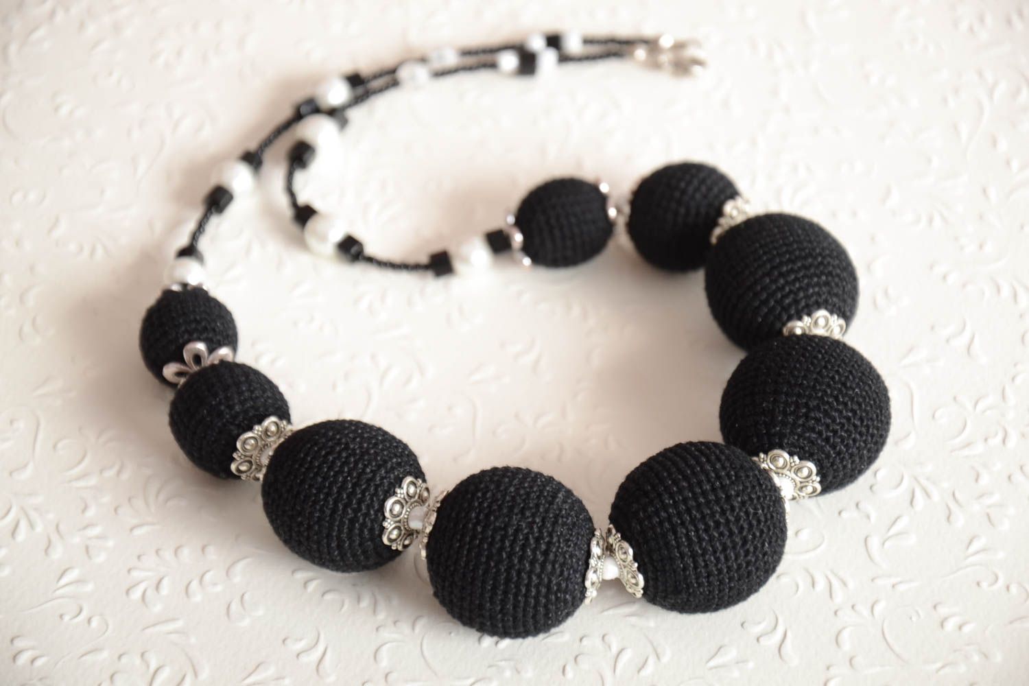 Handmade unusual beaded necklace black and white accessory stylish jewelry photo 1