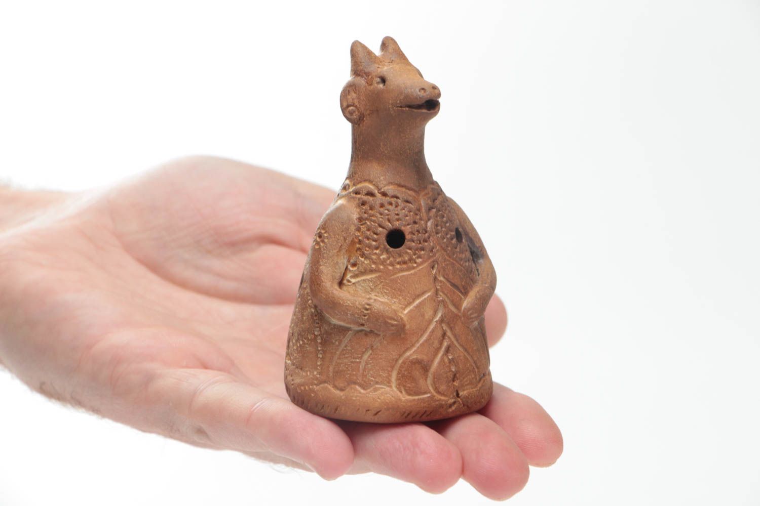 Handmade decorative cute brown ceramic ocarina in the shape of small goat photo 5
