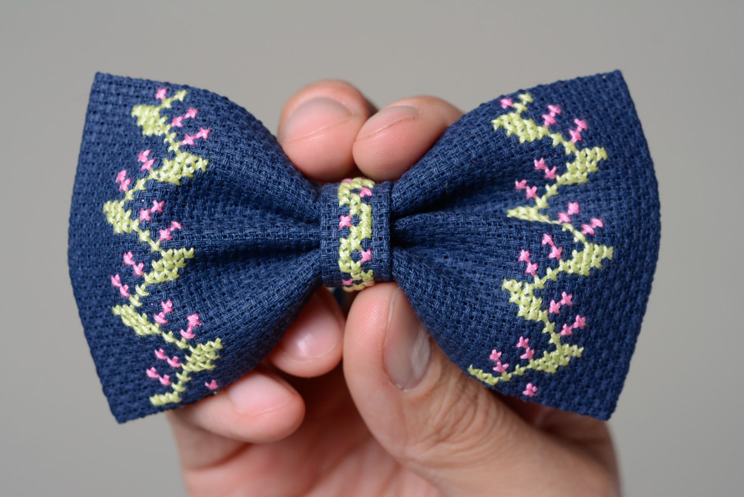 Dark blue bow tie with tender handmade cross stitch embroidery for stylish men photo 4