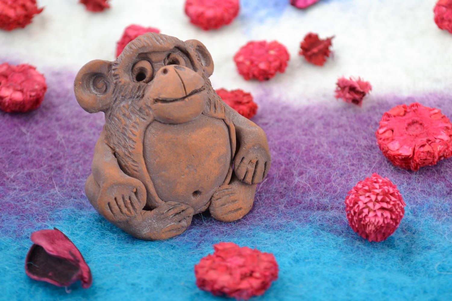 Handmade designer collectible brown ceramic souvenir figurine of fat monkey photo 1