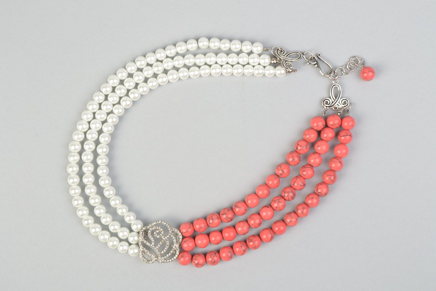Handmade two colored necklace with natural coral and ceramic pearl-like beads  photo 2