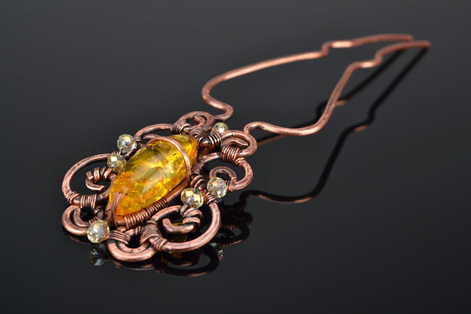 Wire wrap copper hair pin with amber photo 1