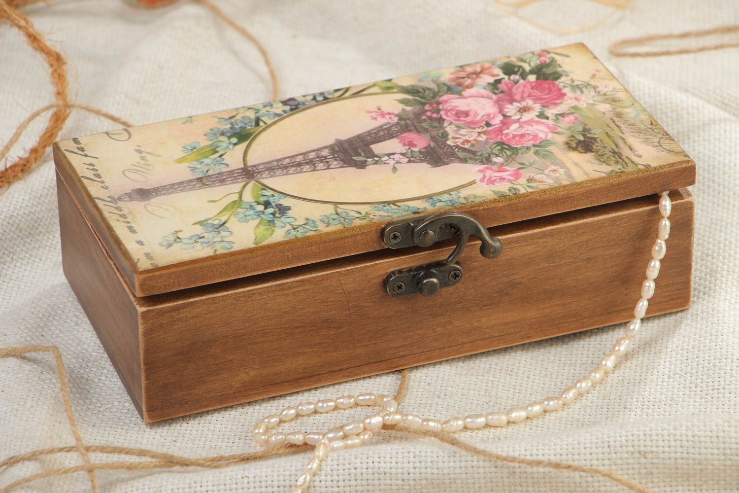 Handmade rectangular varnished wooden jewelry box with retro print on a lid photo 1