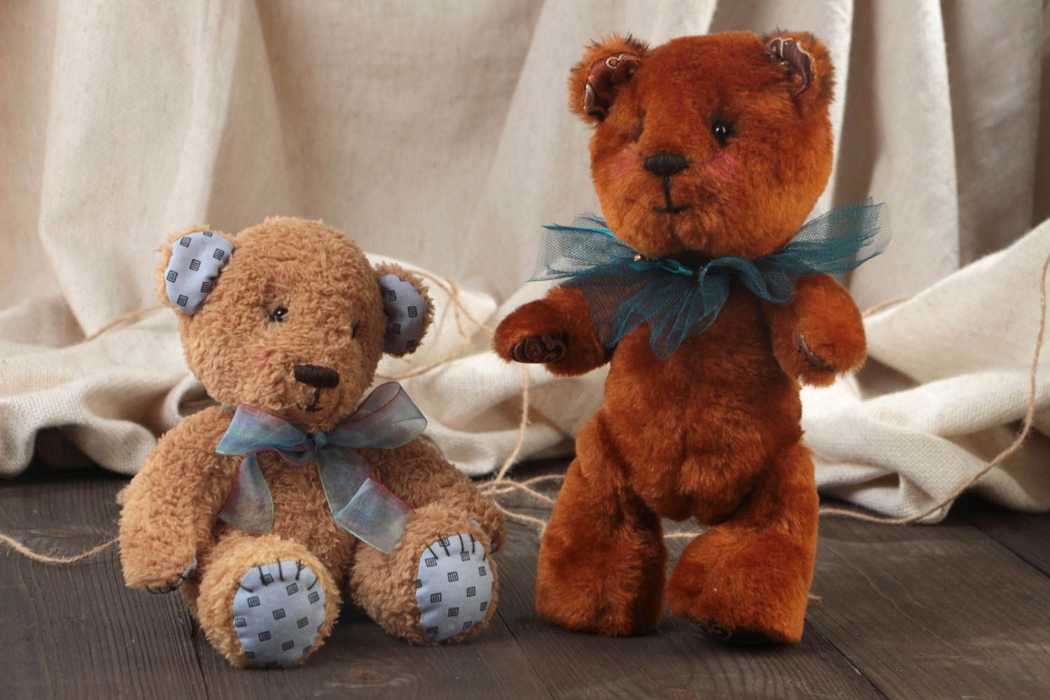 Set of 2 handmade designer fabric soft toys brown and beige bears for children photo 1