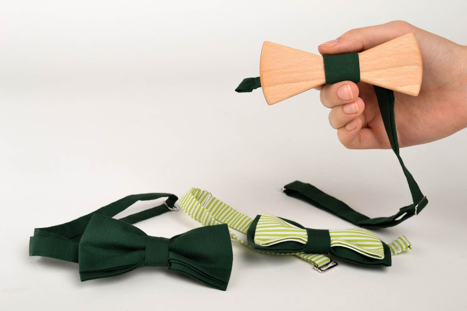 Handmade bow ties set 3 pieces textile bow tie wooden bow tie small gifts photo 5