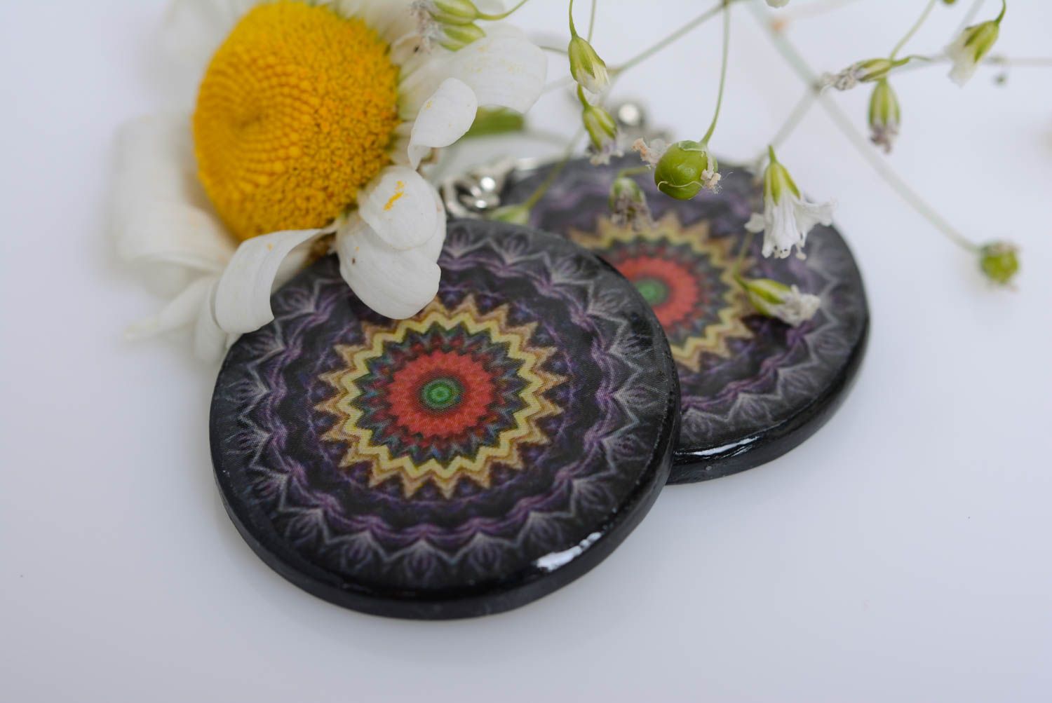 Earrings made of polymer clay with decoupage handmade round purple jewelry photo 2