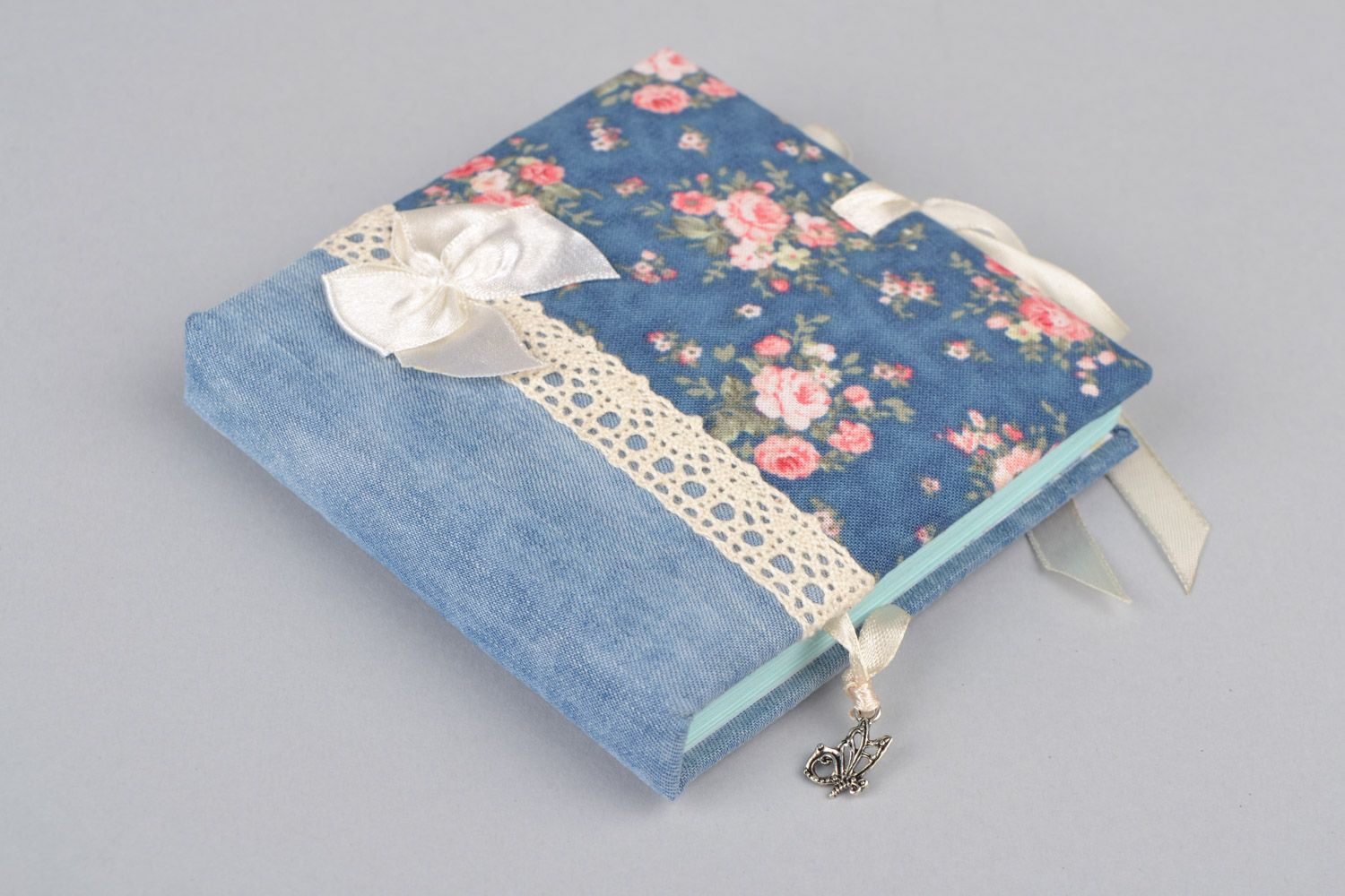 Handmade notebook with soft fabric cover with floral pattern for 86 pages photo 3