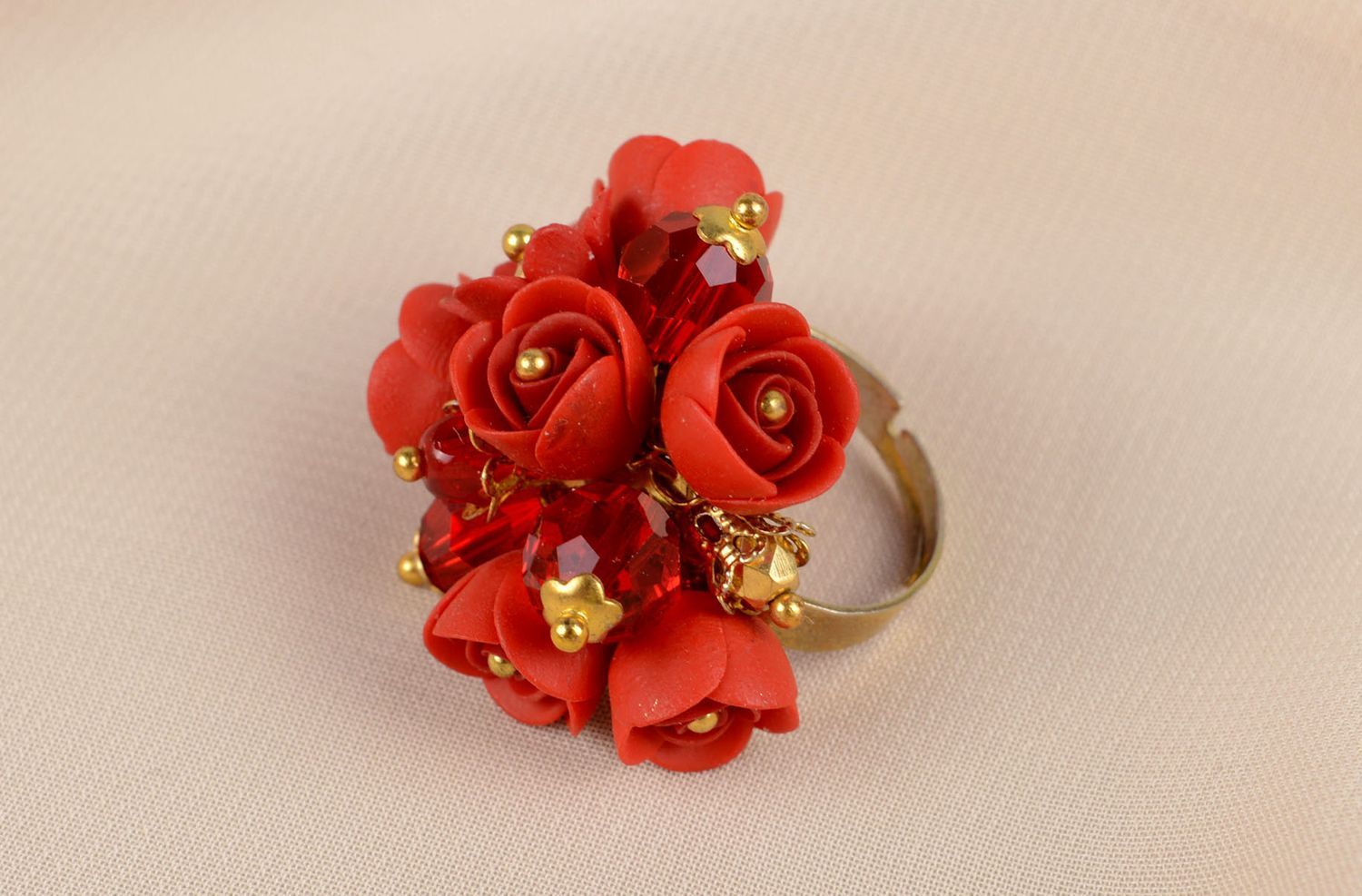 Handmade roter Blumen Ring Polymer Schmuck Accessoire für Frauen Leidenschaft foto 5