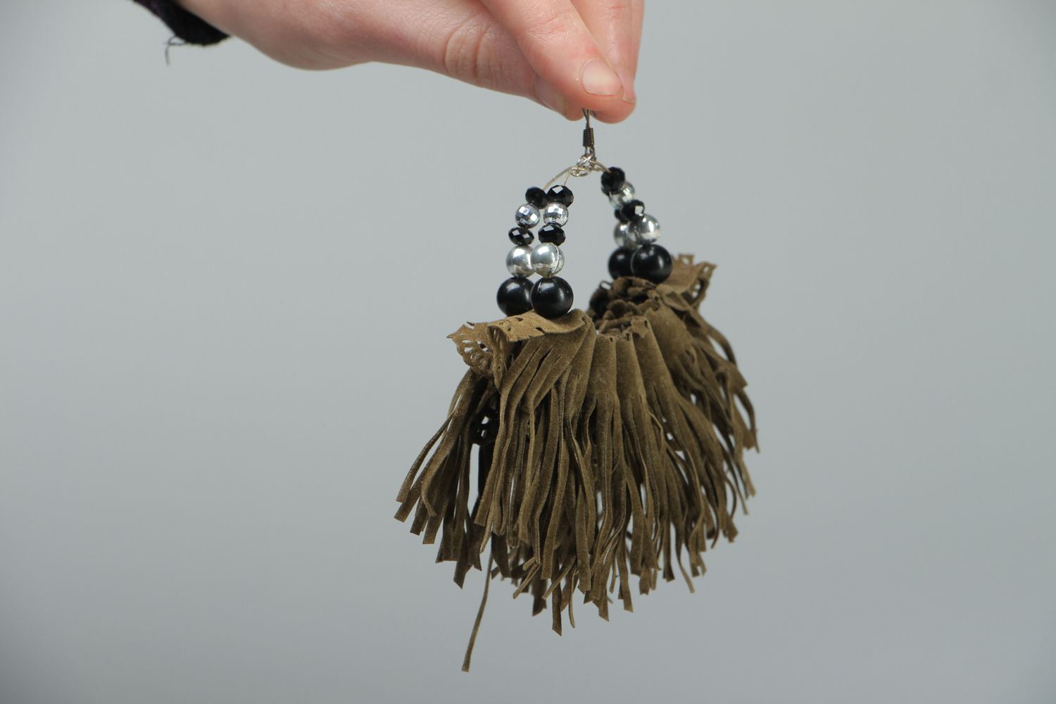 Artificial velvet earrings with beads photo 3