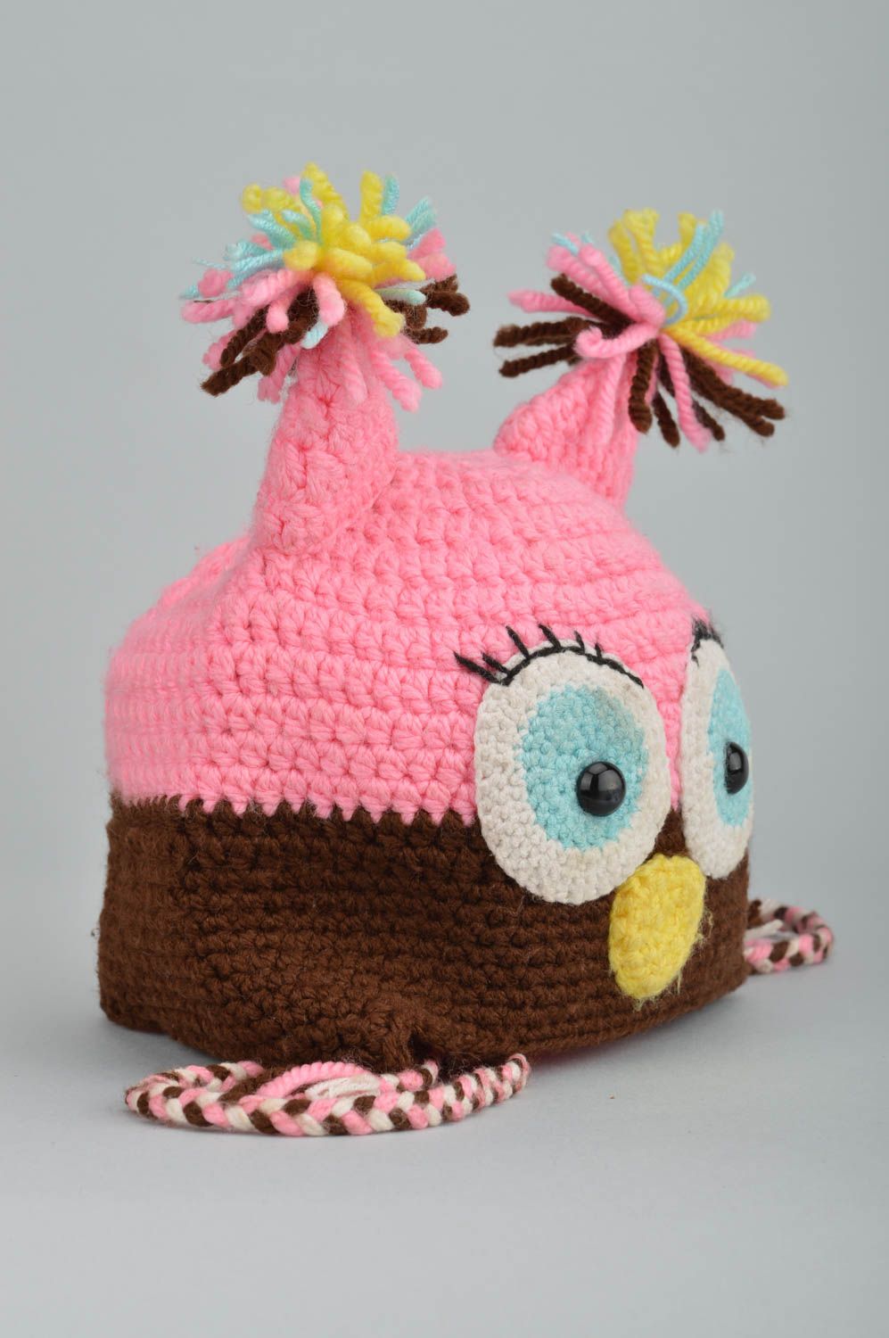 Bonnet tricot fait main Chapeau au crochet Hibou coton laine Vêtement enfant photo 4