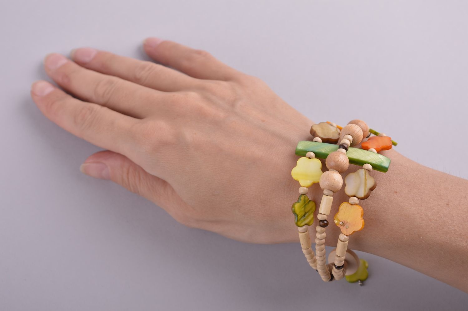 Homemade wooden beads three-row wrist bracelet for women photo 5