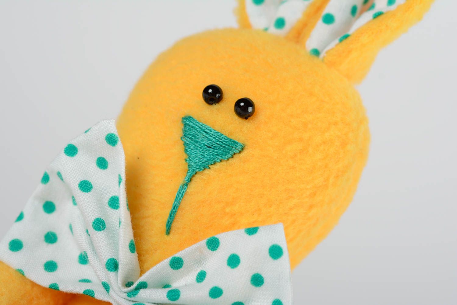 Handmade fleece fabric soft toy yellow rabbit with polka dot bow tie and heart photo 2