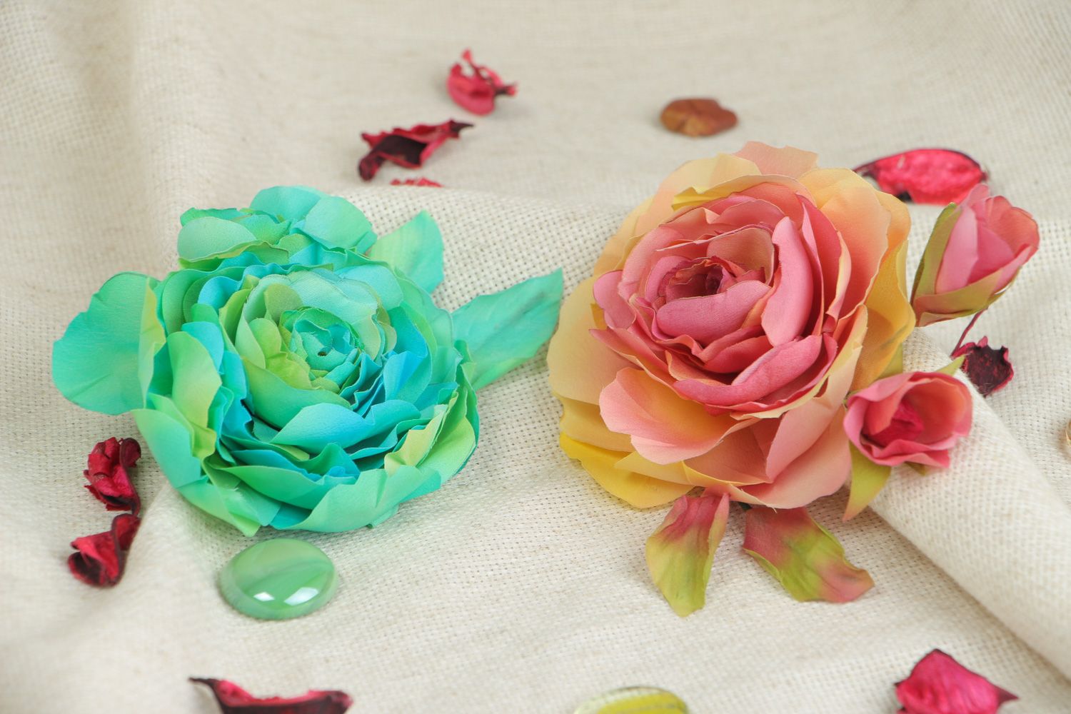Handmade flower brooches made of gabardine fabric 2 items gift set for girls photo 4