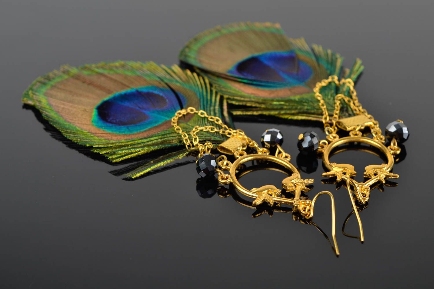 Handmade peacock feather earrings unique designer jewelry stylish present photo 1