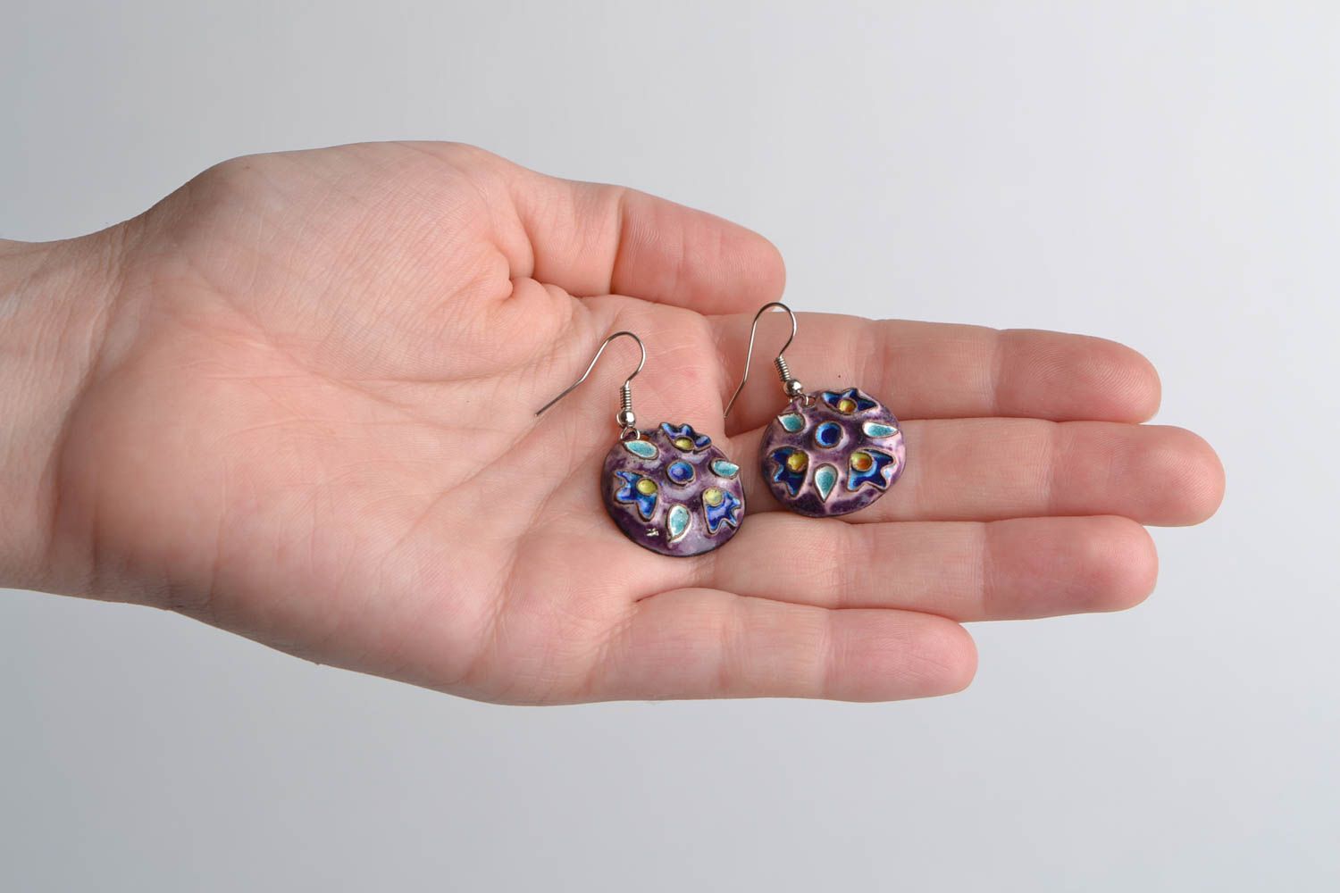 Handmade designer enameled copper round dangling earrings violet palette photo 2