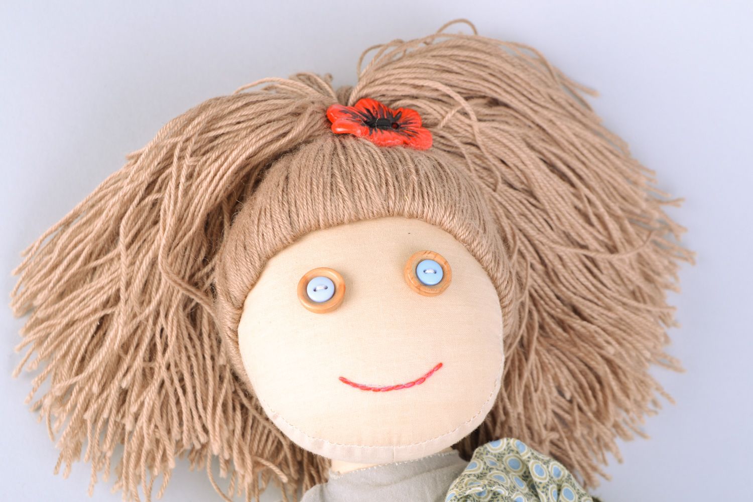 Handmade designer soft doll sewn of cotton fabric with volume hair Agata  photo 4